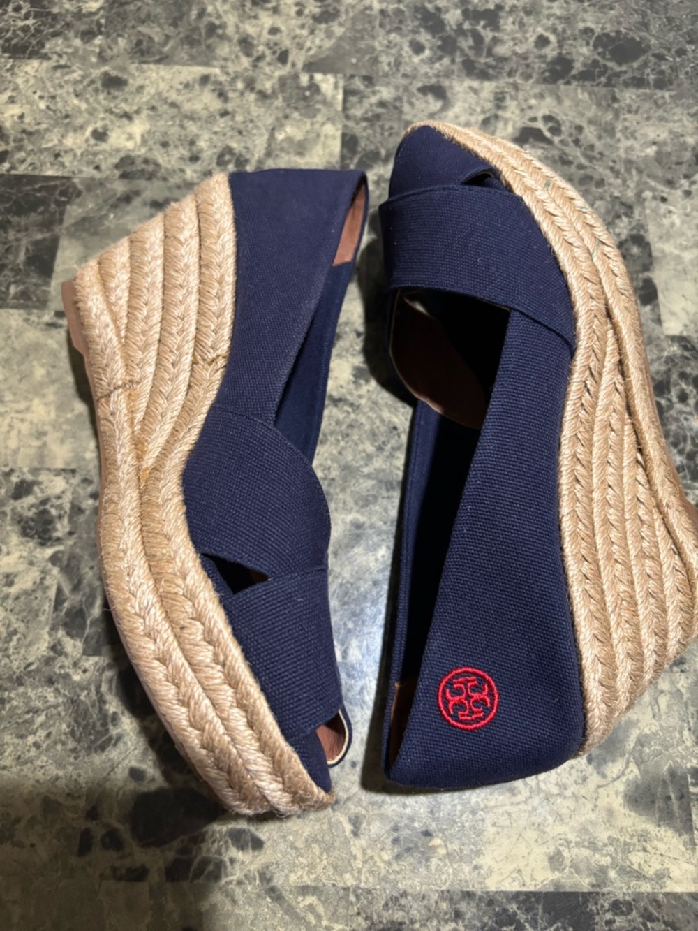 Tory Burch Navy Canvas Espadrille Wedge Peep-Toe - Picture 6 of 9